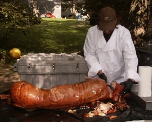 Eric Saperstein Artisans of the Valley the first use custom chef's (butcher) knife "Artemis" by Jay Fisher at Pig Roast