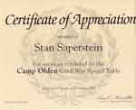 Stanley Saperstein Certificate of Appriciation from Camp Olden Civil War Round Table