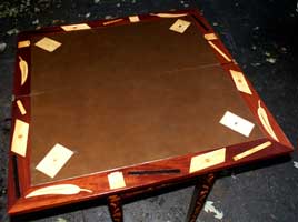 Marquetry Bridge Table Apron Restoration Complete - Leather Top 2