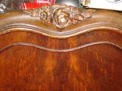Victorian carved molding burl veneer twin bed before restoration