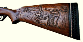 Hunter Scene Gunstock carving (Click for larger picture)