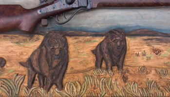 Hand Carved Wildlife Buffalo Scene Panel In Progress With Frame and Rifle Completed Closeup
