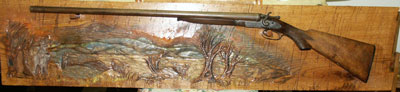 Double Barrel Shotgun on Hand Carved Whiletail Deer Scene